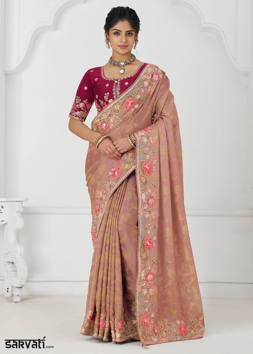 Peach Pink Embroidered Viscose Dola Silk Saree With Sequin And Multi Thread Accents - House of Sarvati LLC