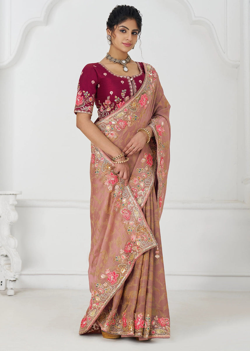 Peach Pink Embroidered Viscose Dola Silk Saree With Sequin And Multi Thread Accents - House of Sarvati LLC