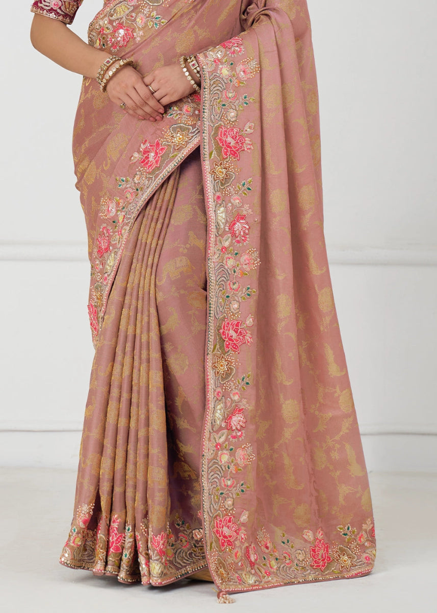 Peach Pink Embroidered Viscose Dola Silk Saree With Sequin And Multi Thread Accents - House of Sarvati LLC