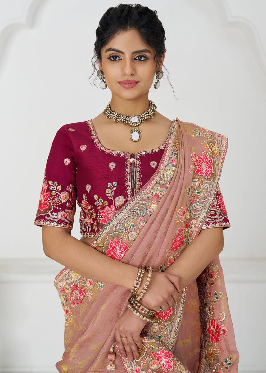 Peach Pink Embroidered Viscose Dola Silk Saree With Sequin And Multi Thread Accents - House of Sarvati LLC