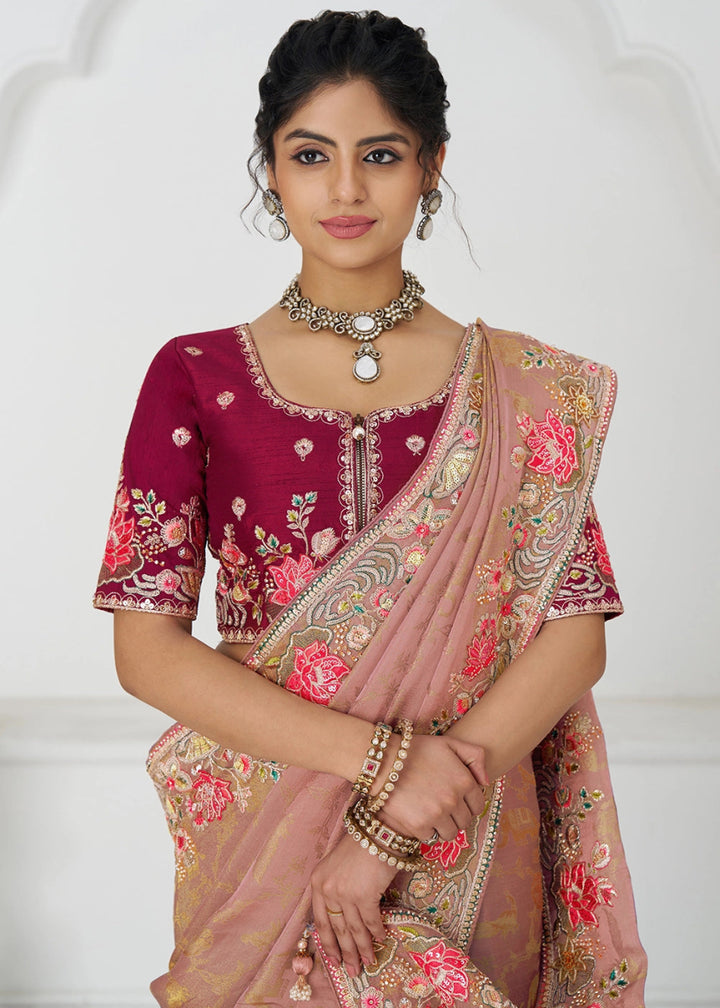 Peach Pink Embroidered Viscose Dola Silk Saree With Sequin And Multi Thread Accents - House of Sarvati LLC