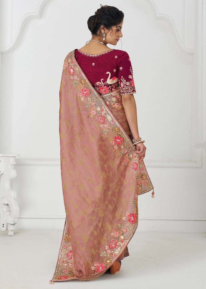Peach Pink Embroidered Viscose Dola Silk Saree With Sequin And Multi Thread Accents - House of Sarvati LLC