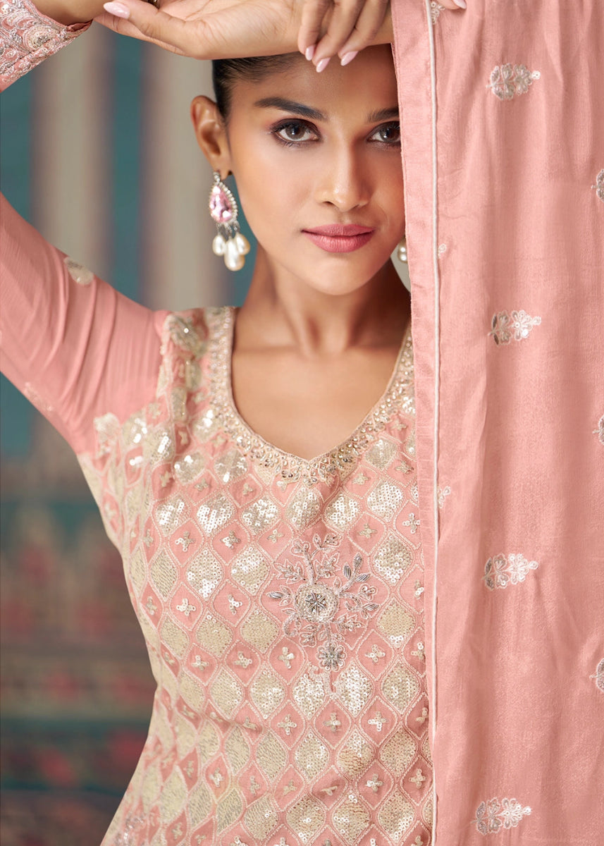 Peach Pink Ethnic Sharara Set in Chinon Silk with Fine Embroidery - House of Sarvati LLC