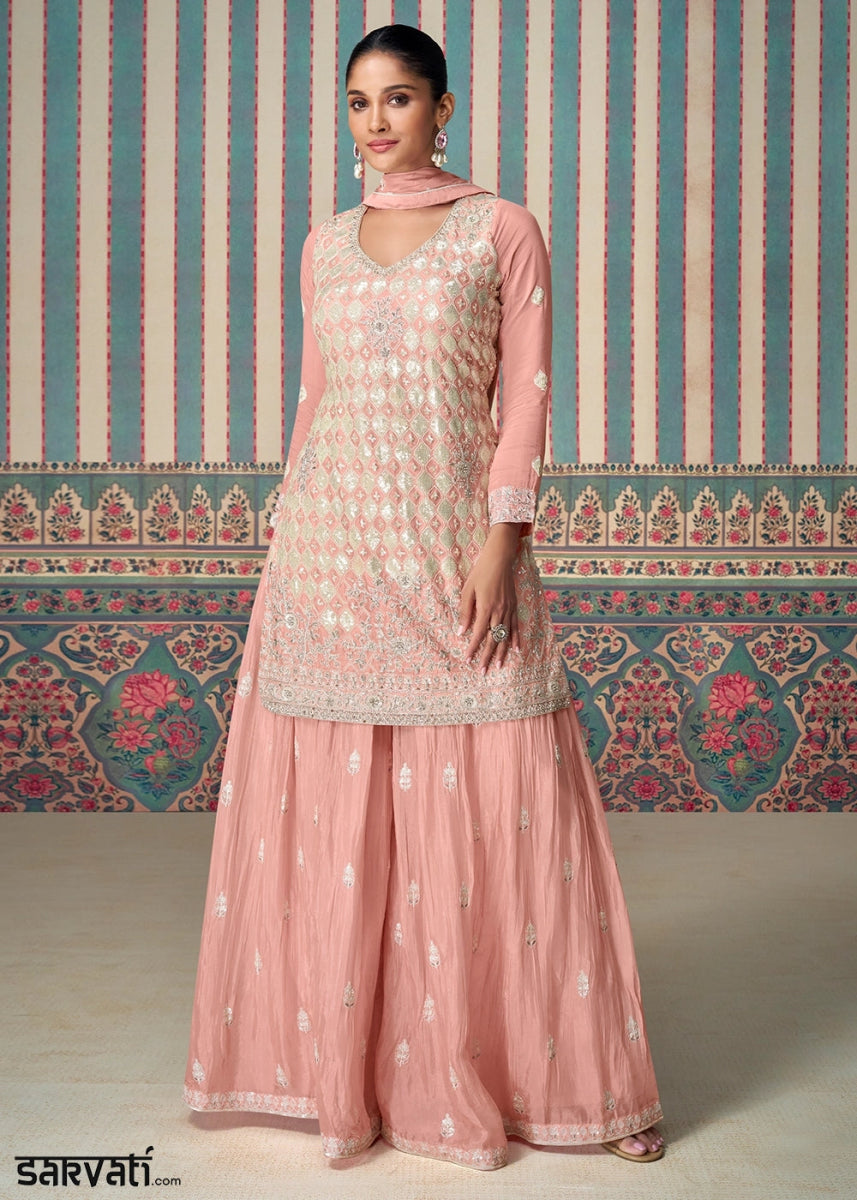 Peach Pink Ethnic Sharara Set in Chinon Silk with Fine Embroidery - House of Sarvati LLC