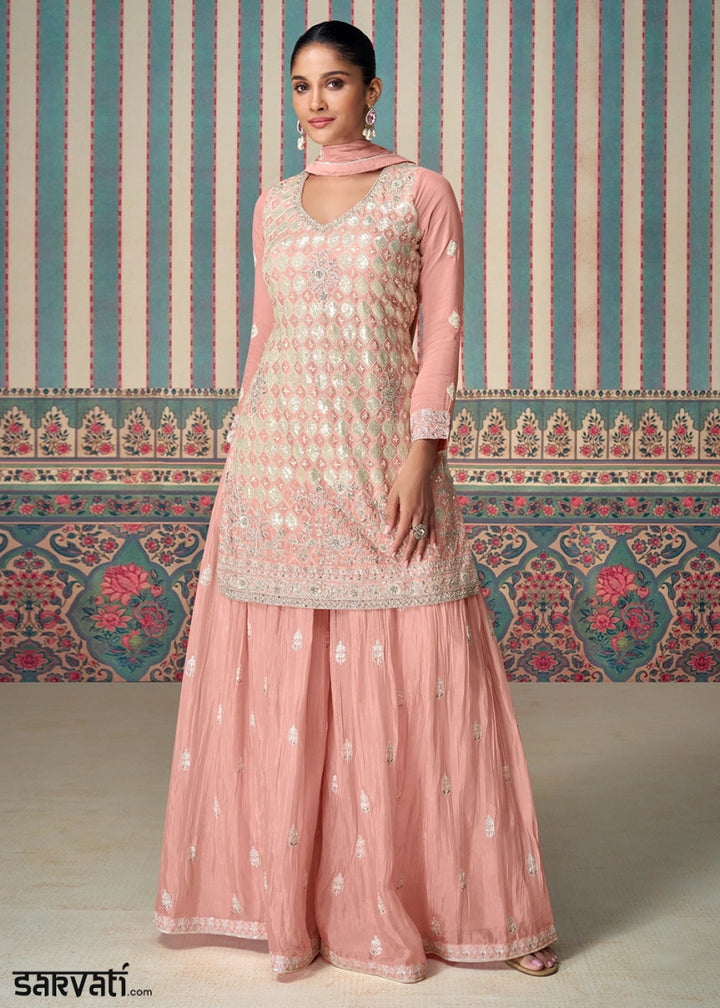 Peach Pink Ethnic Sharara Set in Chinon Silk with Fine Embroidery - House of Sarvati LLC