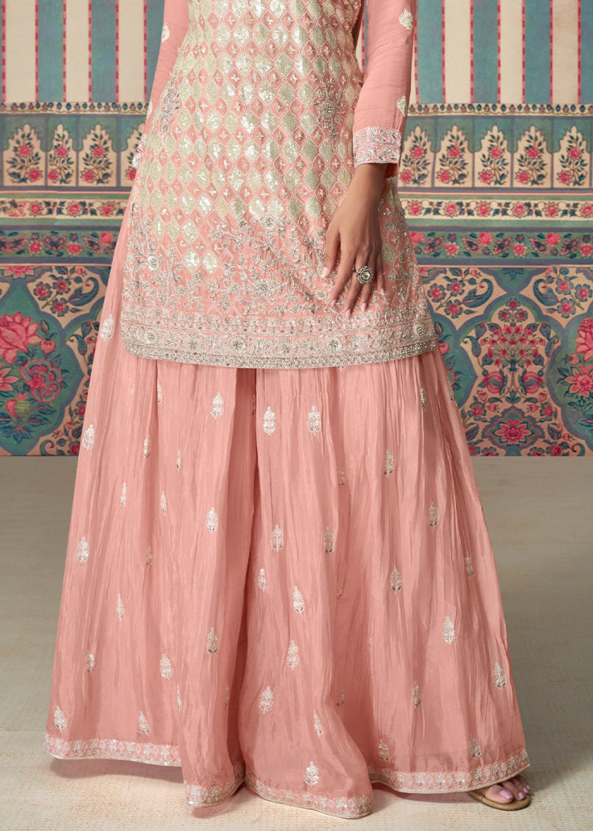 Peach Pink Ethnic Sharara Set in Chinon Silk with Fine Embroidery - House of Sarvati LLC