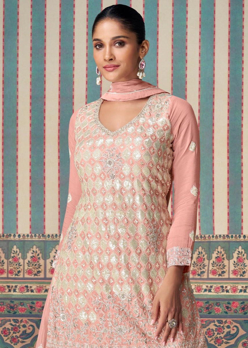Peach Pink Ethnic Sharara Set in Chinon Silk with Fine Embroidery - House of Sarvati LLC