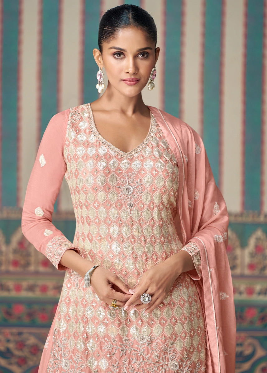Peach Pink Ethnic Sharara Set in Chinon Silk with Fine Embroidery - House of Sarvati LLC