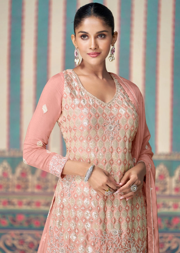 Peach Pink Ethnic Sharara Set in Chinon Silk with Fine Embroidery - House of Sarvati LLC
