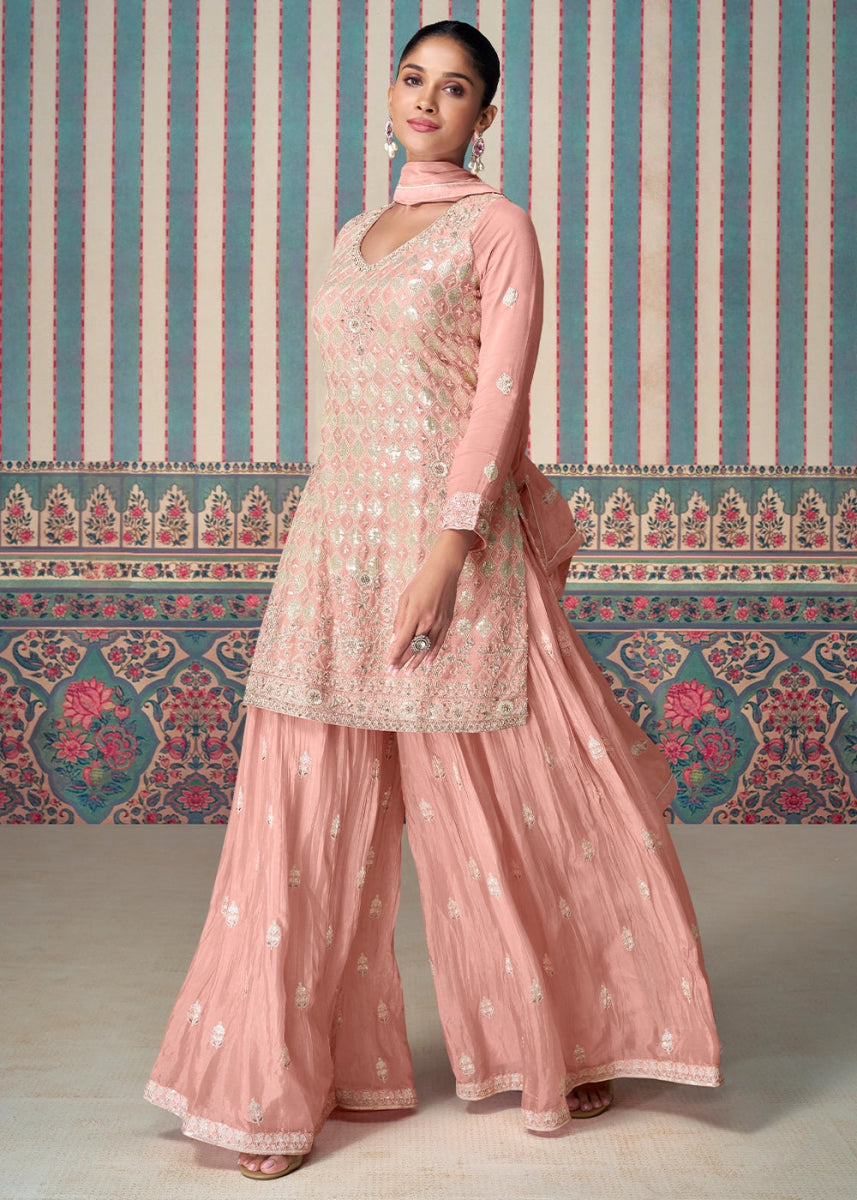 Peach Pink Ethnic Sharara Set in Chinon Silk with Fine Embroidery - House of Sarvati LLC