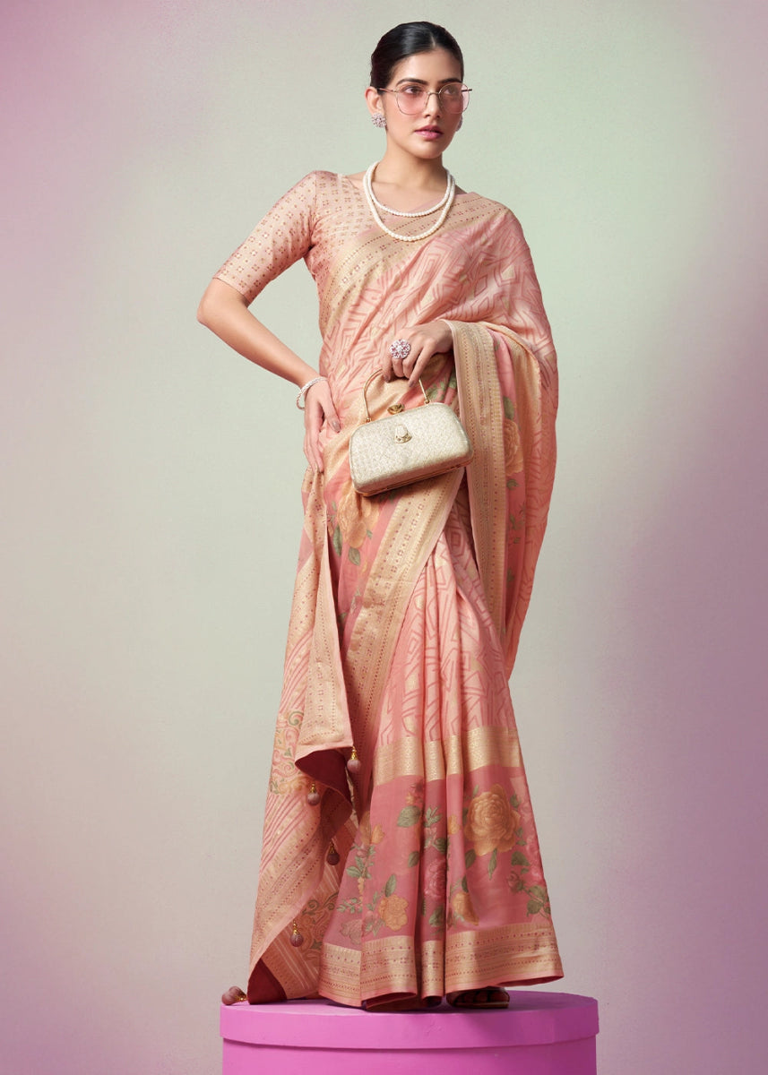 Peach Pink Floral Georgette Silk Saree - House of Sarvati LLC