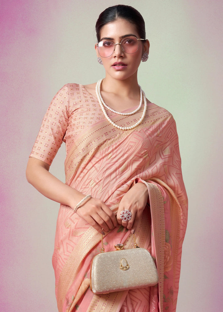 Peach Pink Floral Georgette Silk Saree - House of Sarvati LLC