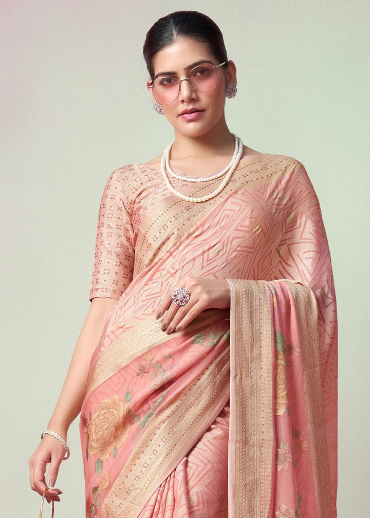 Peach Pink Floral Georgette Silk Saree - House of Sarvati LLC