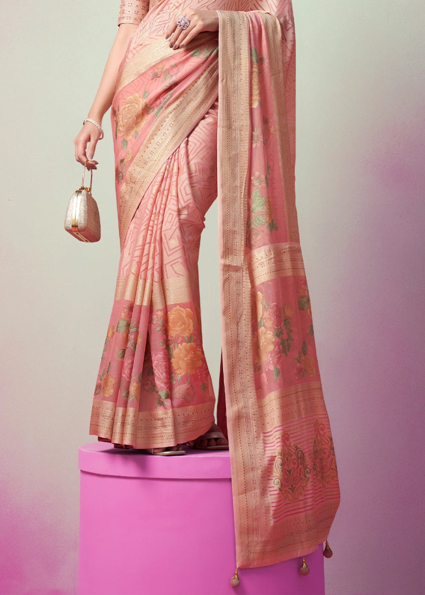 Peach Pink Floral Georgette Silk Saree - House of Sarvati LLC