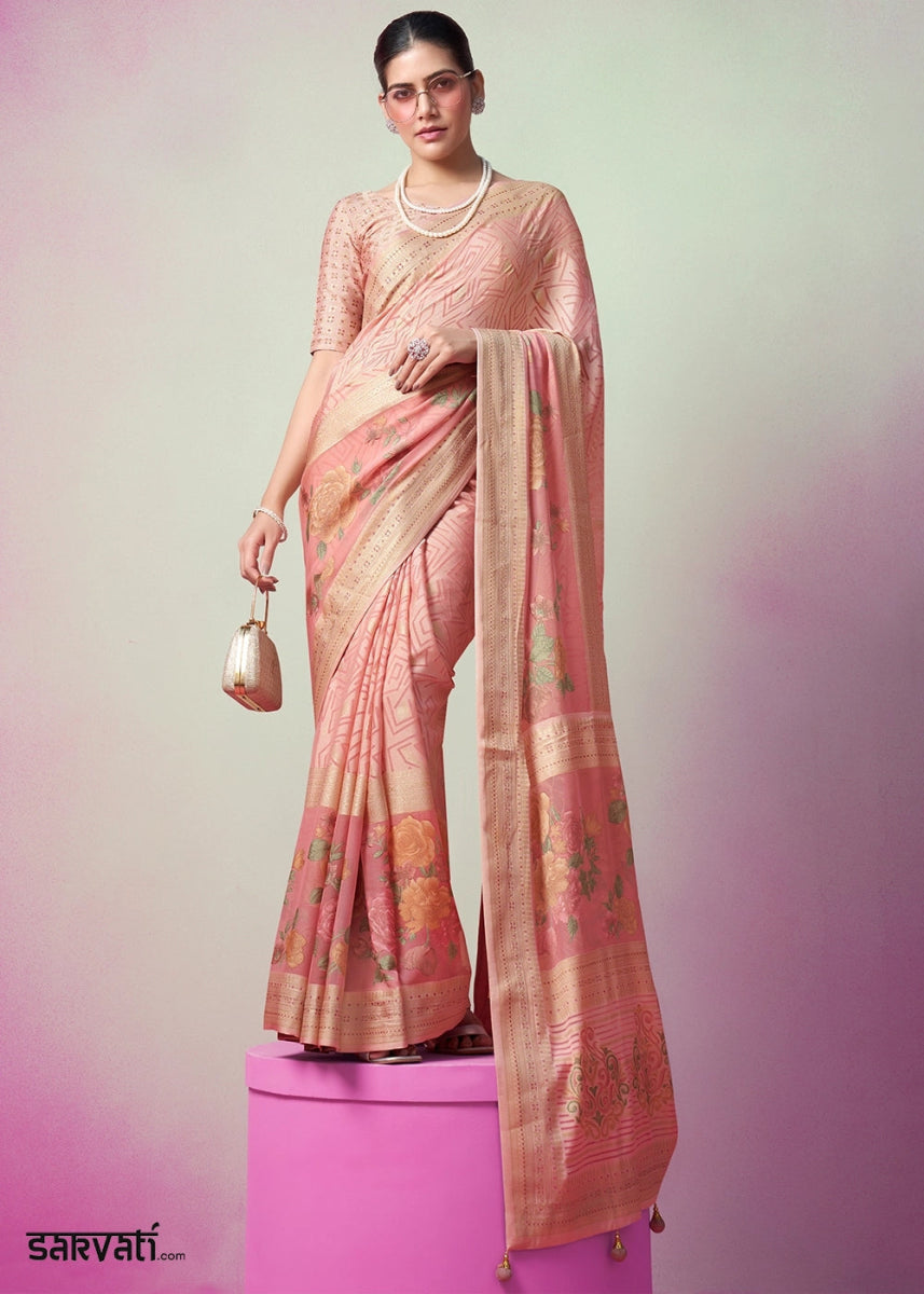 Peach Pink Floral Georgette Silk Saree - House of Sarvati LLC