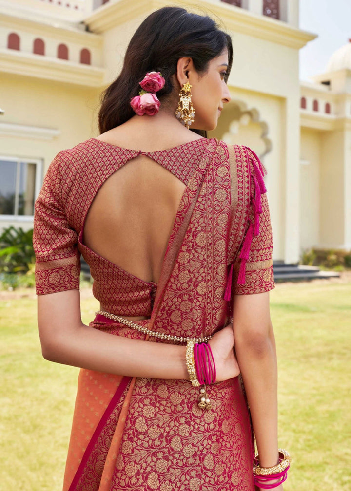 Peach Pink Georgette Silk Saree with Ornate Zari Border & Pallu - House of Sarvati LLC