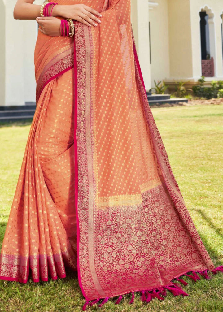 Peach Pink Georgette Silk Saree with Ornate Zari Border & Pallu - House of Sarvati LLC