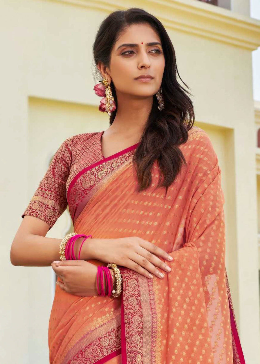 Peach Pink Georgette Silk Saree with Ornate Zari Border & Pallu - House of Sarvati LLC