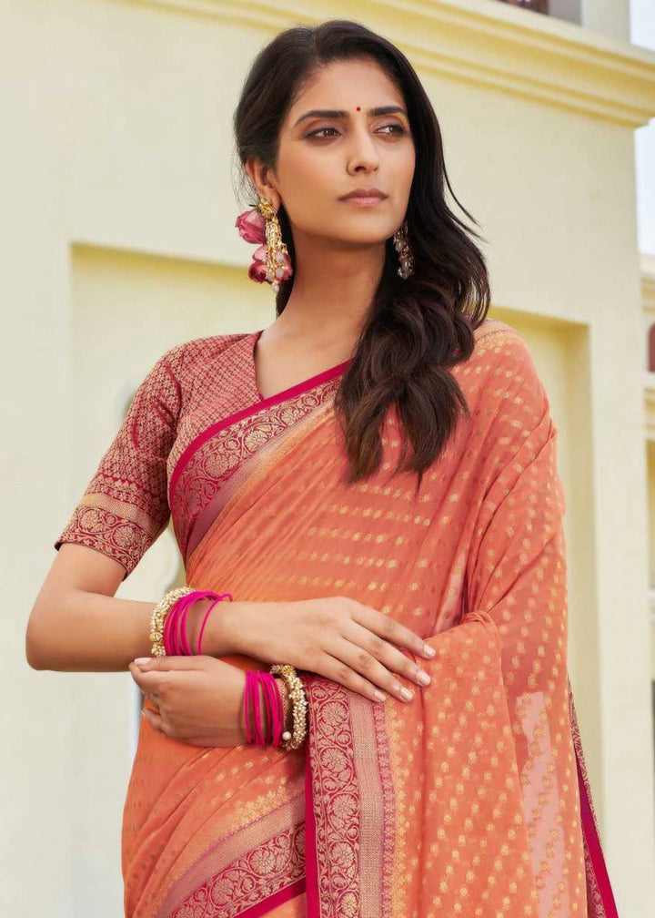 Peach Pink Georgette Silk Saree with Ornate Zari Border & Pallu - House of Sarvati LLC