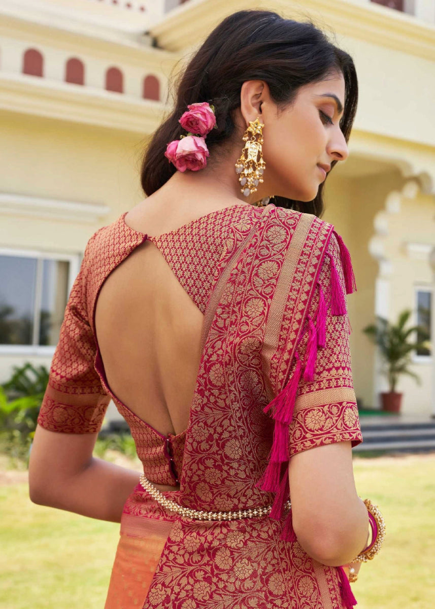 Peach Pink Georgette Silk Saree with Ornate Zari Border & Pallu - House of Sarvati LLC