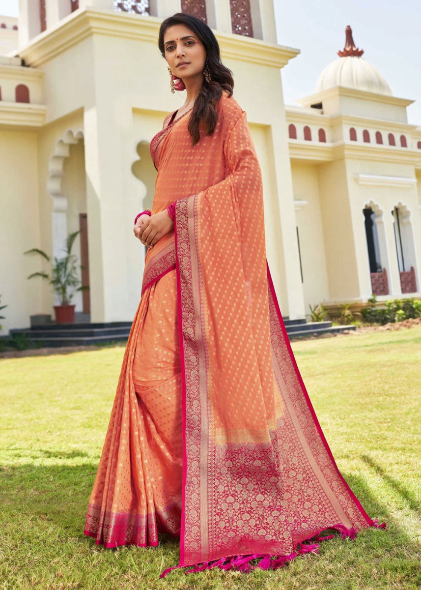 Peach Pink Georgette Silk Saree with Ornate Zari Border & Pallu - House of Sarvati LLC