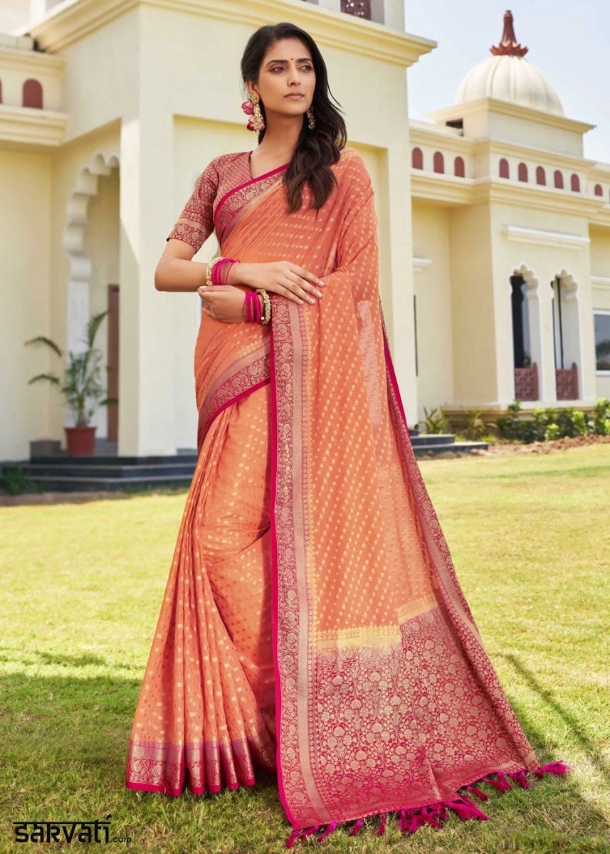 Peach Pink Georgette Silk Saree with Ornate Zari Border & Pallu - House of Sarvati LLC