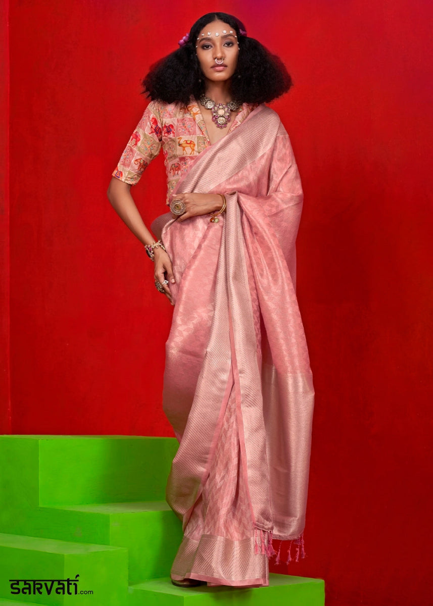 Peach Pink Handloom Tissue Silk Saree with Intricate Border Weaving - House of Sarvati LLC