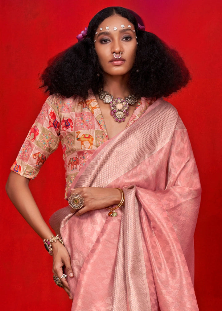 Peach Pink Handloom Tissue Silk Saree with Intricate Border Weaving - House of Sarvati LLC