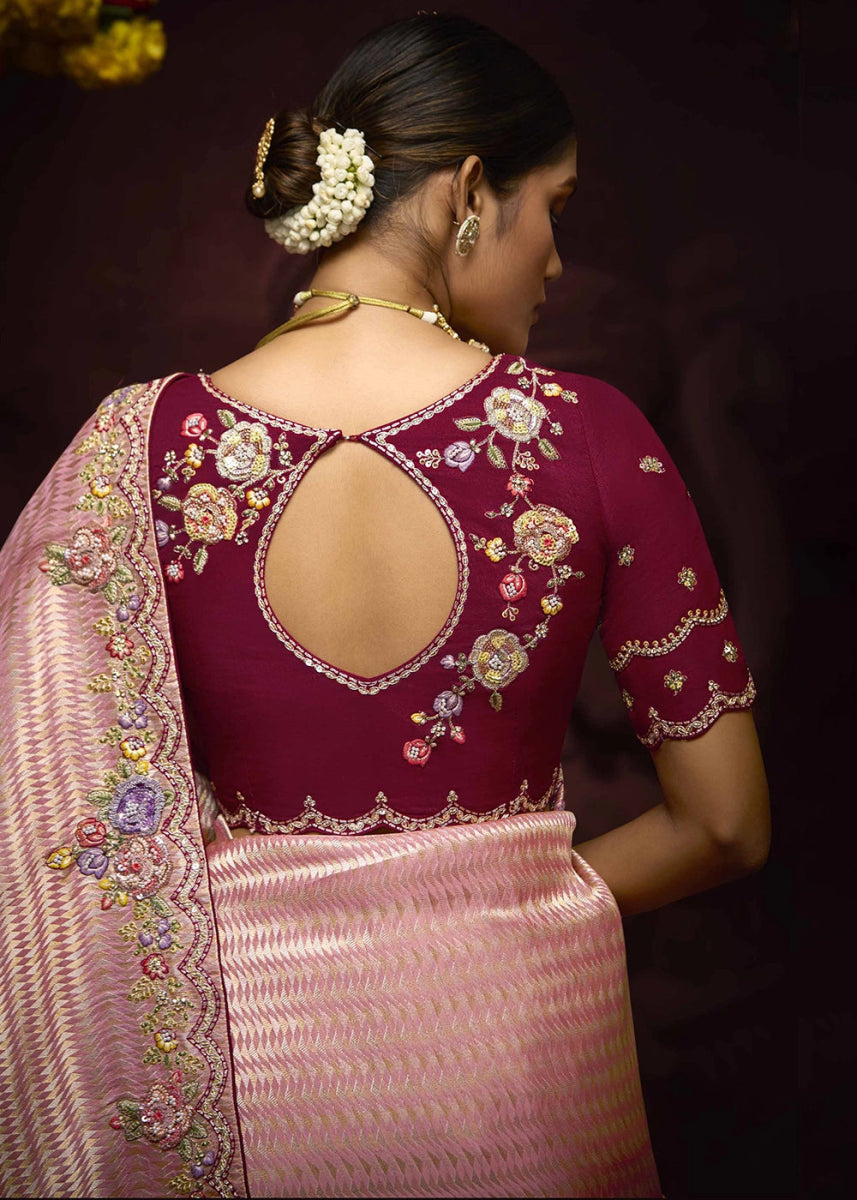 Peach Pink Kanjivaram Silk Saree with Intricate Zari, Khatli, Sequin & Pearl Embroidery - House of Sarvati LLC