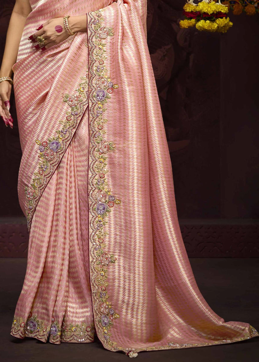 Peach Pink Kanjivaram Silk Saree with Intricate Zari, Khatli, Sequin & Pearl Embroidery - House of Sarvati LLC