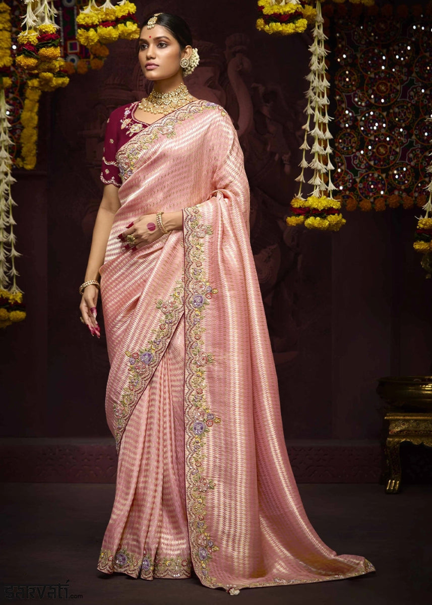 Peach Pink Kanjivaram Silk Saree with Intricate Zari, Khatli, Sequin & Pearl Embroidery - House of Sarvati LLC