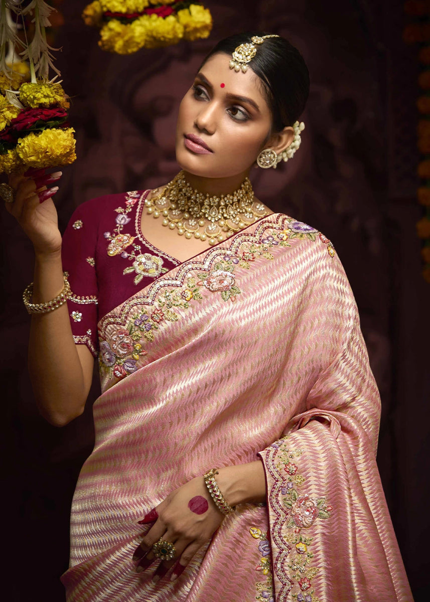Peach Pink Kanjivaram Silk Saree with Intricate Zari, Khatli, Sequin & Pearl Embroidery - House of Sarvati LLC