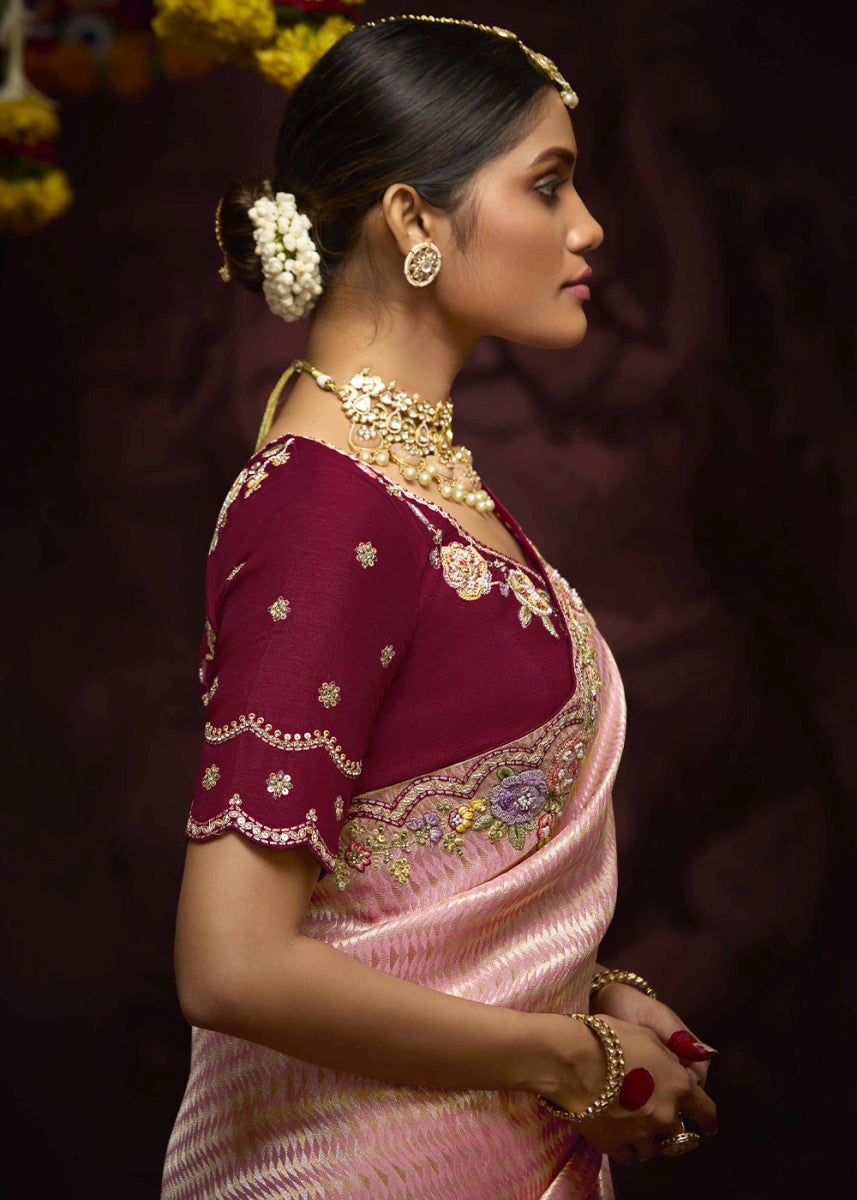 Peach Pink Kanjivaram Silk Saree with Intricate Zari, Khatli, Sequin & Pearl Embroidery - House of Sarvati LLC
