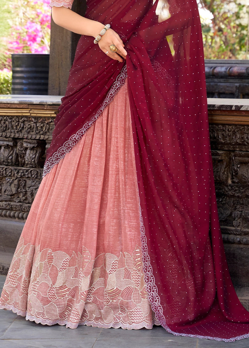 Peach Pink Lehenga Choli in Organza Silk with Handcrafted Sequins & Thread Detailing - House of Sarvati LLC
