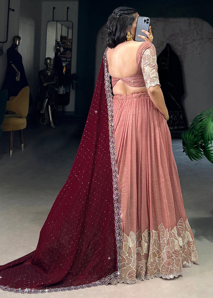 Peach Pink Lehenga Choli in Organza Silk with Handcrafted Sequins & Thread Detailing - House of Sarvati LLC