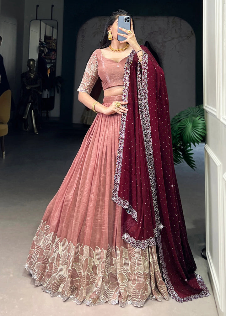 Peach Pink Lehenga Choli in Organza Silk with Handcrafted Sequins & Thread Detailing - House of Sarvati LLC