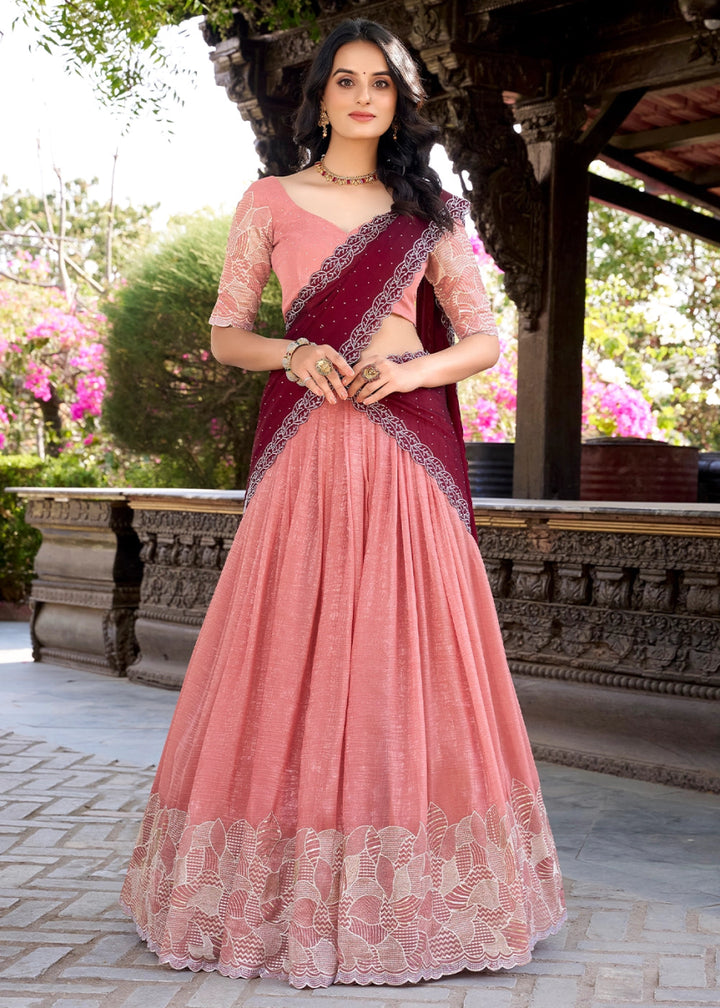 Peach Pink Lehenga Choli in Organza Silk with Handcrafted Sequins & Thread Detailing - House of Sarvati LLC