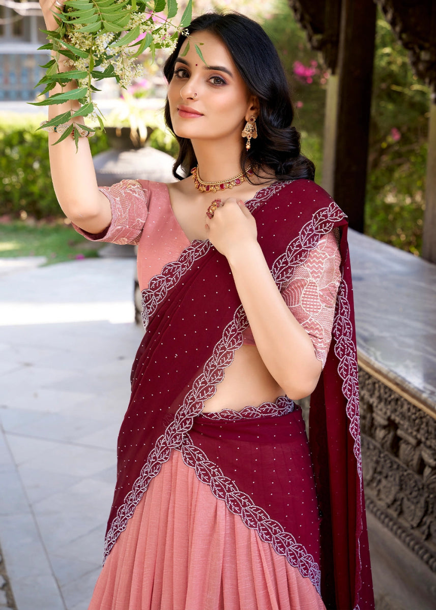 Peach Pink Lehenga Choli in Organza Silk with Handcrafted Sequins & Thread Detailing - House of Sarvati LLC