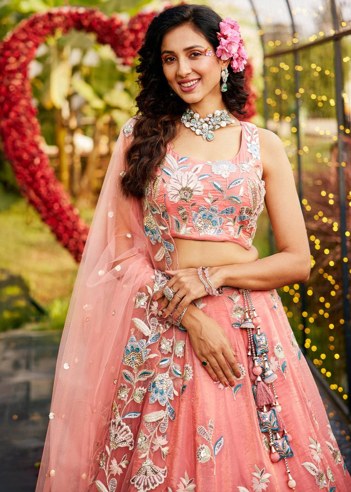 Peach Pink Net Lehenga Choli Adorned with Sequins & Thread Embroidery work - House of Sarvati LLC