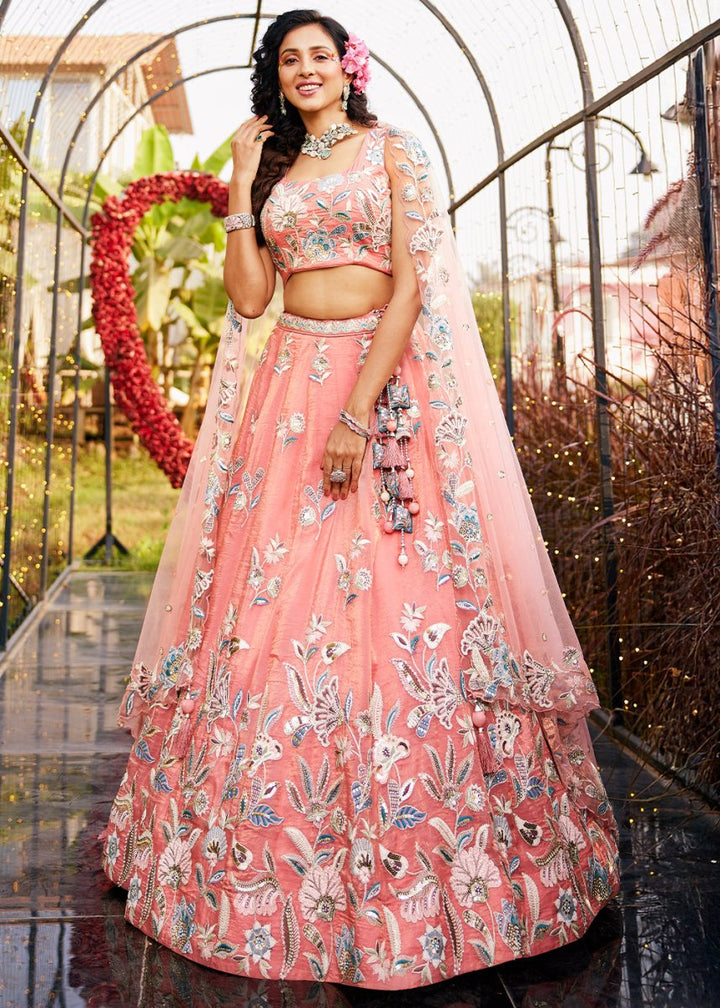 Peach Pink Net Lehenga Choli Adorned with Sequins & Thread Embroidery work - House of Sarvati LLC