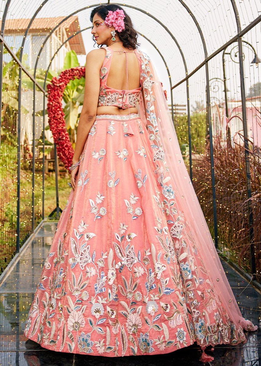 Peach Pink Net Lehenga Choli Adorned with Sequins & Thread Embroidery work - House of Sarvati LLC