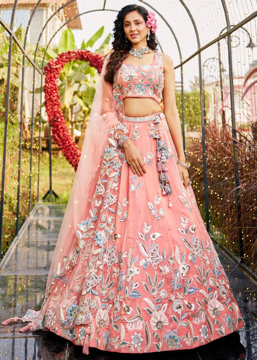 Peach Pink Net Lehenga Choli Adorned with Sequins & Thread Embroidery work - House of Sarvati LLC