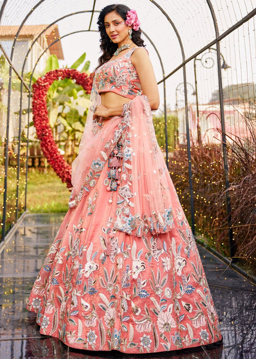 Peach Pink Net Lehenga Choli Adorned with Sequins & Thread Embroidery work - House of Sarvati LLC