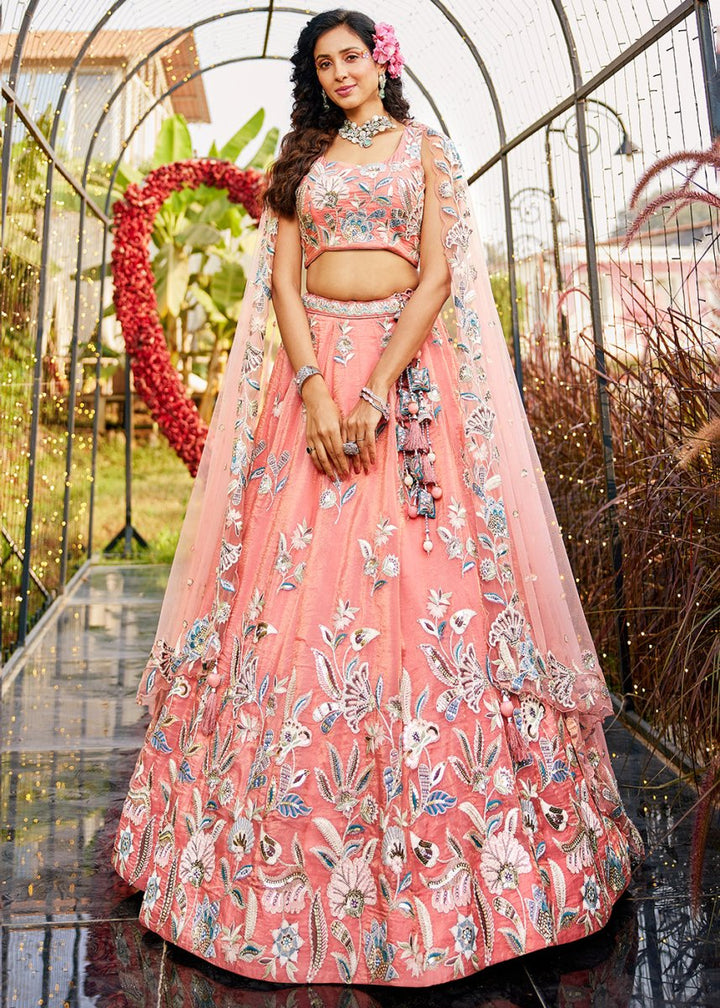 Peach Pink Net Lehenga Choli Adorned with Sequins & Thread Embroidery work - House of Sarvati LLC
