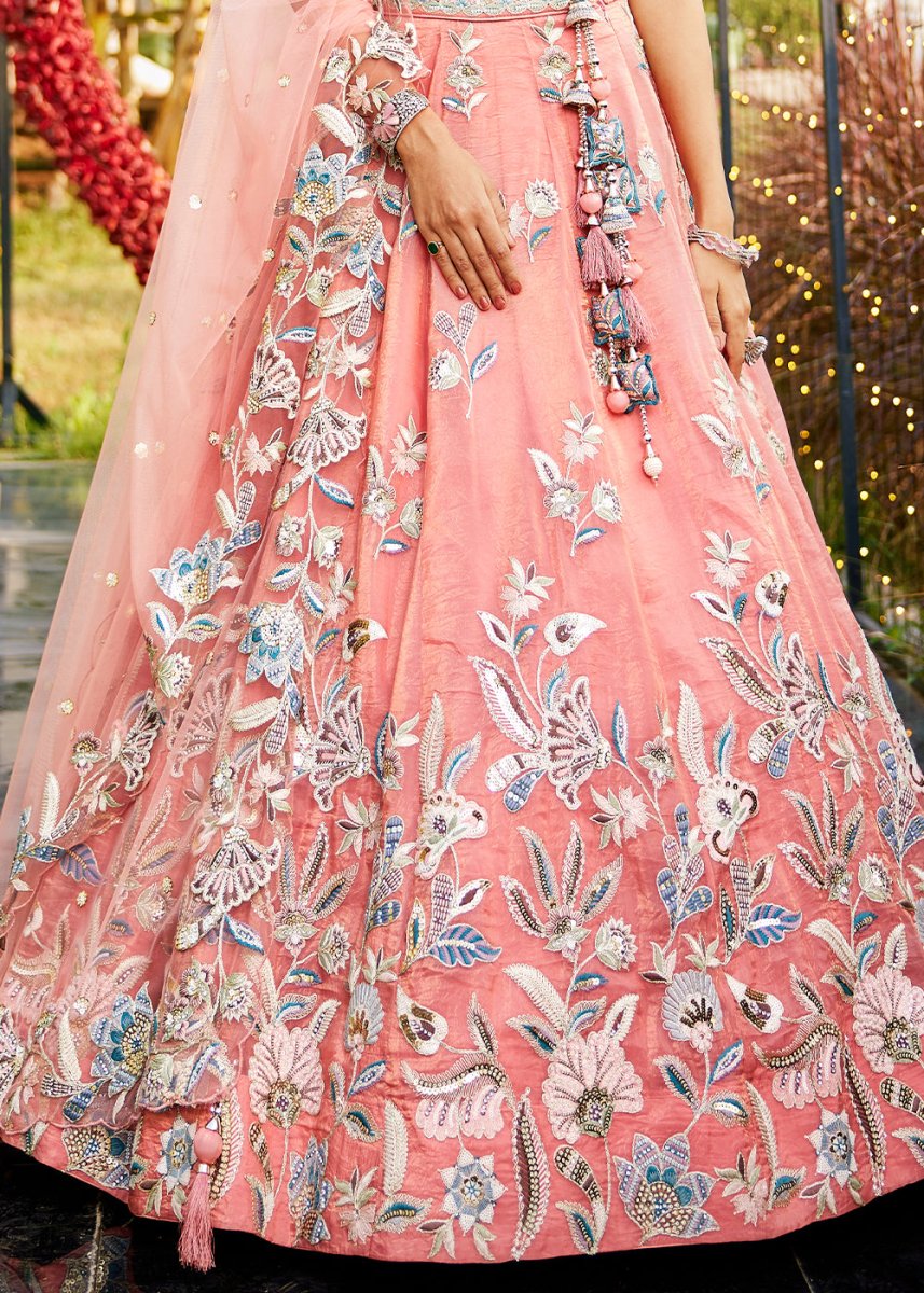 Peach Pink Net Lehenga Choli Adorned with Sequins & Thread Embroidery work - House of Sarvati LLC