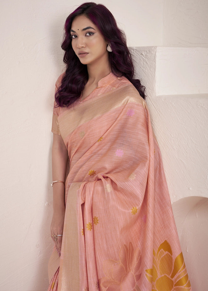 Peach Pink Saree in Linen Silk with Artistic Floral Jacquard Pallu - House of Sarvati LLC