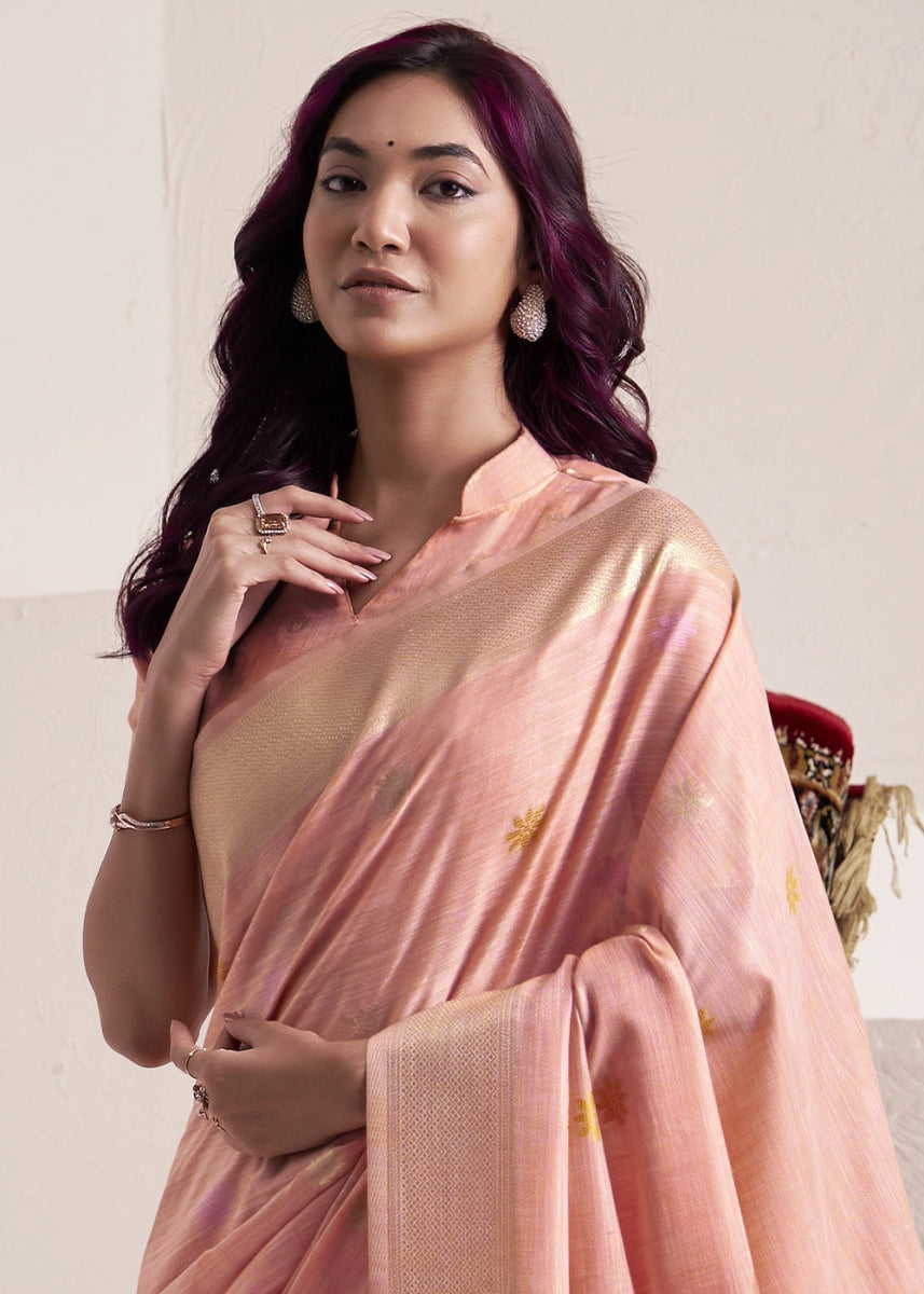 Peach Pink Saree in Linen Silk with Artistic Floral Jacquard Pallu - House of Sarvati LLC
