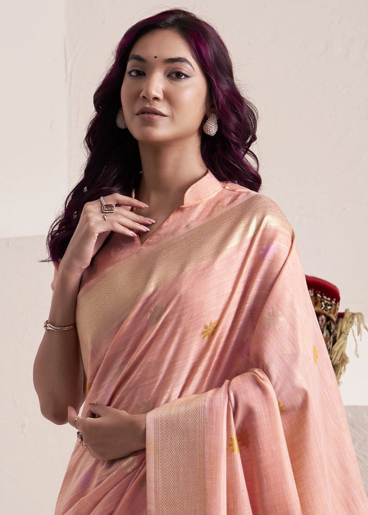 Peach Pink Saree in Linen Silk with Artistic Floral Jacquard Pallu - House of Sarvati LLC