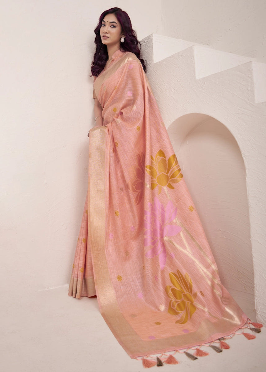 Peach Pink Saree in Linen Silk with Artistic Floral Jacquard Pallu - House of Sarvati LLC