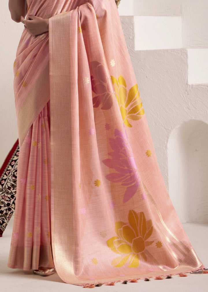Peach Pink Saree in Linen Silk with Artistic Floral Jacquard Pallu - House of Sarvati LLC